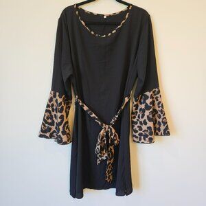Black Bell-Sleeve Dress With Leopard Print Accents Waist Tie 3XL whimsy whitchy